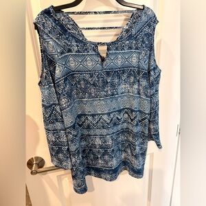 Blue and White Patterned Cold Shoulder Top